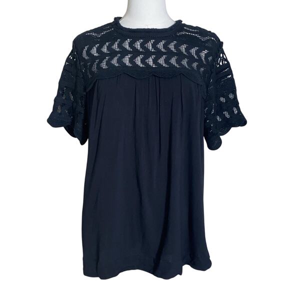 Neiman Marcus Black Short Sleeve Top Crochet Lace Medium - Picture 1 of 9